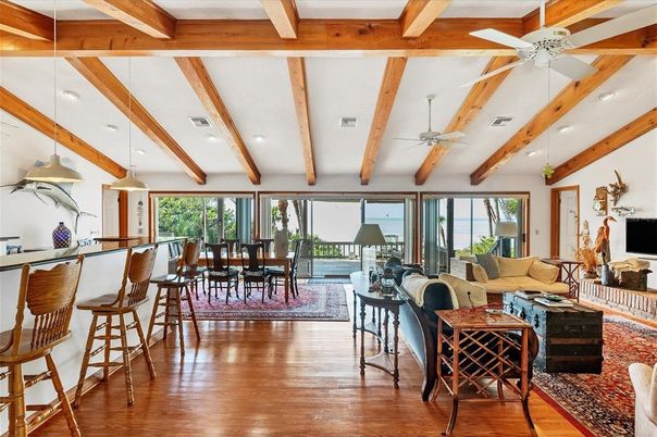 Dining room, Interior, Living room, Recessed Lighting, Wooden Beams, Wood Texture Flooring