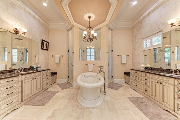 Bathroom, Chandelier, Dual Sink Vanities, Free Standing Baths, Interior, Recessed Lighting