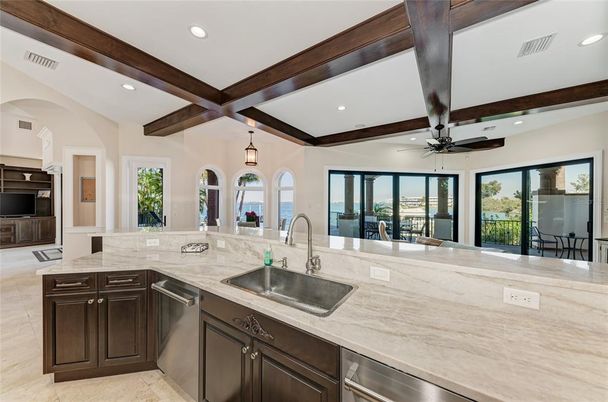 Interior, Kitchen, Pendant Lights, Recessed Lighting, Stainless Steel Appliances, Wooden Beams