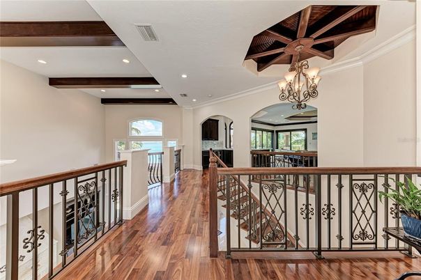 Chandelier, Interior, Recessed Lighting, Wooden Beams, Wood Texture Flooring