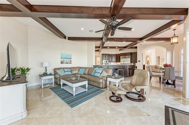 Dining room, Interior, Kitchen, Living room, Pendant Lights, Recessed Lighting, Stainless Steel Appliances, Wooden Beams