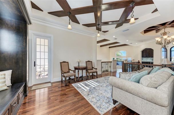 Chandelier, Dining room, Interior, Kitchen, Living room, Pendant Lights, Recessed Lighting, Wooden Beams, Wood Texture Flooring