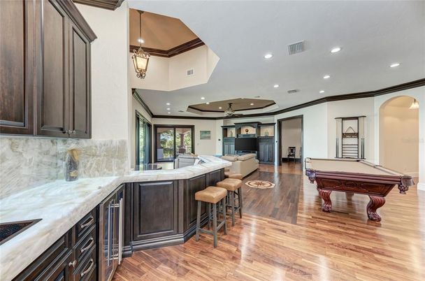 Billiard Table, Game Room, Interior, Kitchen, Pendant Lights, Recessed Lighting, Wood Texture Flooring