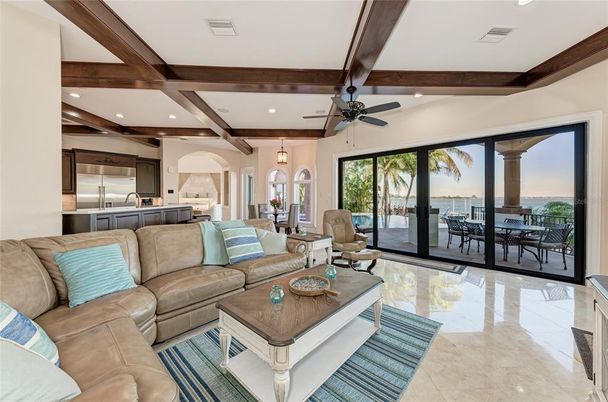 Dining room, Interior, Kitchen, Living room, Pendant Lights, Recessed Lighting, Stainless Steel Appliances, Wooden Beams