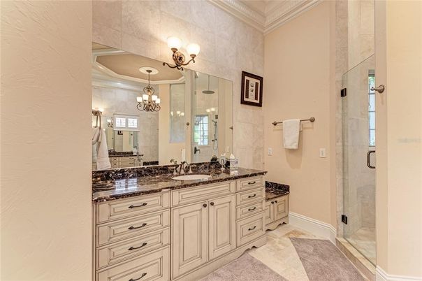 Bathroom, Chandelier, Dual Sink Vanities, Glass Shower, Interior