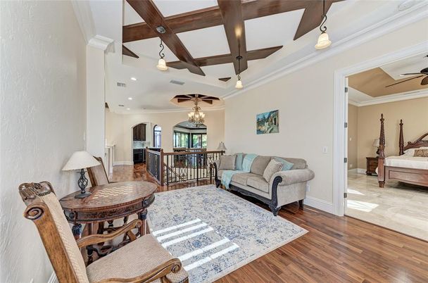 Bedroom, Dining room, Interior, Kitchen, Pendant Lights, Recessed Lighting, Wooden Beams, Wood Texture Flooring