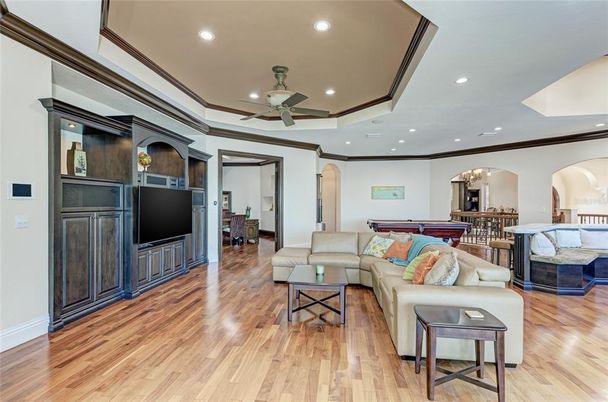 Billiard Table, Chandelier, Game Room, Interior, Living room, Recessed Lighting, Wood Texture Flooring