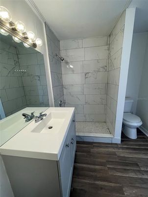 Bathroom, Interior, Marble Walls, Wood Texture Flooring