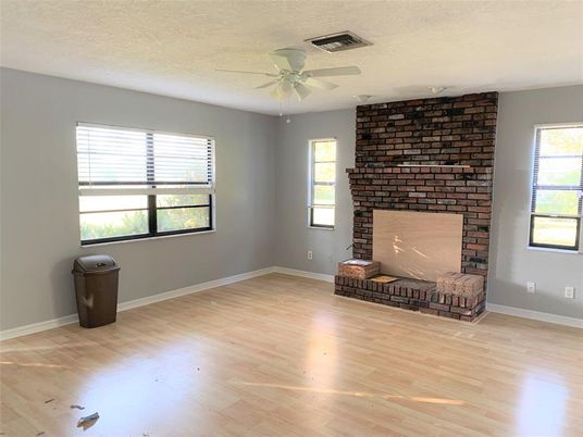 Empty room, Fireplace, Interior, Stone Walls, Wood Texture Flooring