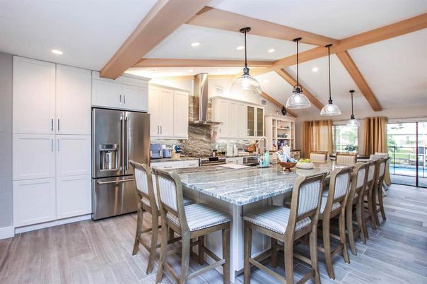 Interior, Kitchen, Pendant Lights, Recessed Lighting, Stainless Steel Appliances, Wooden Beams, Wood Texture Flooring