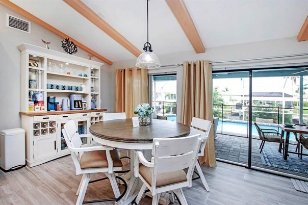 Dining room, Interior, Pendant Lights, Wood Texture Flooring