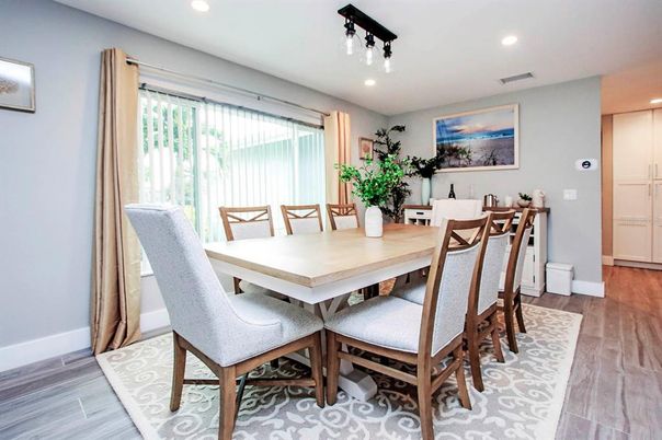Dining room, Interior, Recessed Lighting, Wood Texture Flooring