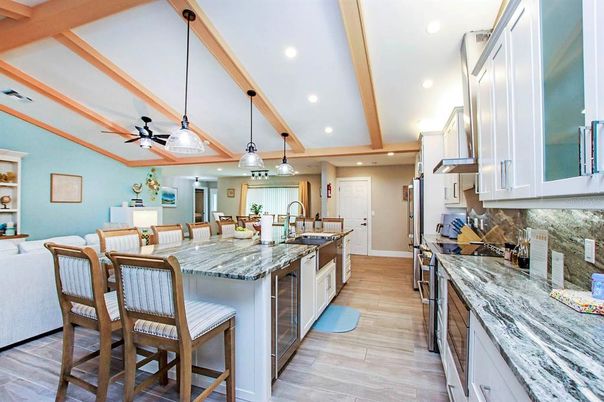 Interior, Kitchen, Pendant Lights, Recessed Lighting, Wooden Beams, Wood Texture Flooring
