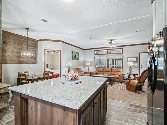 Dining room, Interior, Kitchen, Living room, Pendant Lights, Wood Texture Flooring