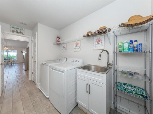 Interior, Pendant Lights, Utility Closets, Washer, Wood Texture Flooring