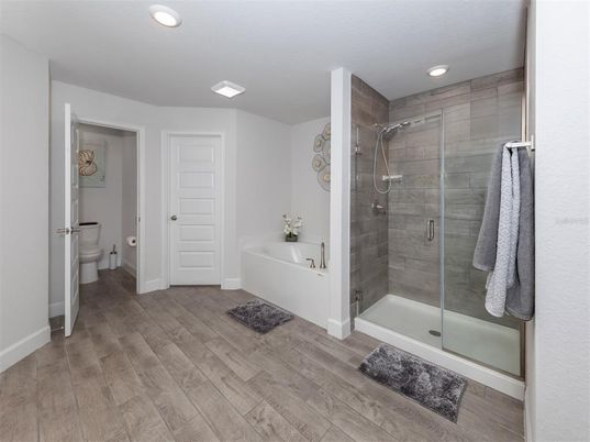 Bathroom, Glass Shower, Interior, Recessed Lighting, Wood Texture Flooring