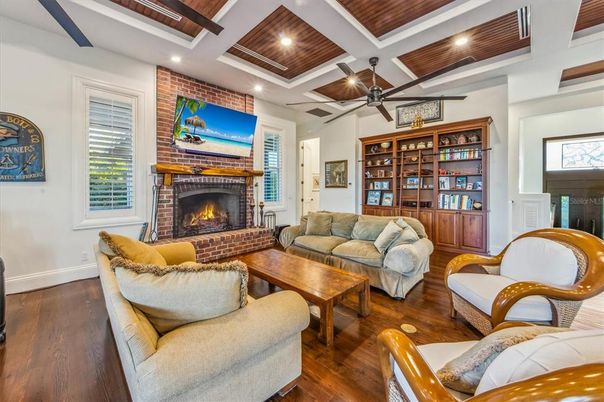 Fireplace, Interior, Living room, Recessed Lighting, Stone Walls, Wooden Beams, Wood Texture Flooring