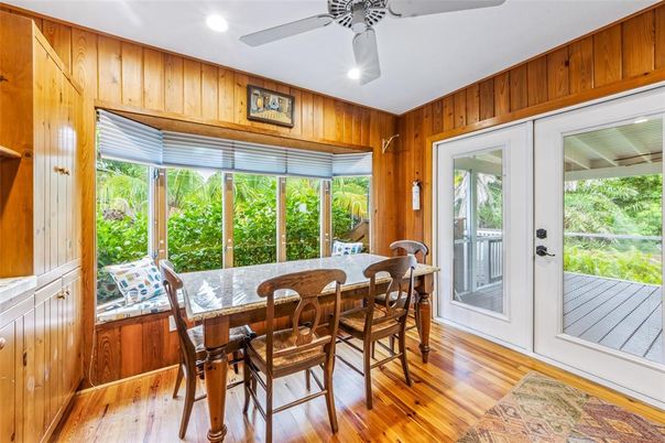 Dining room, Interior, Recessed Lighting, Wood Texture Flooring, Wooden Walls