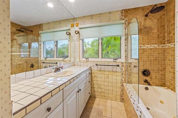 Bathroom, Glass Shower, Interior, Recessed Lighting, Tile Countertops