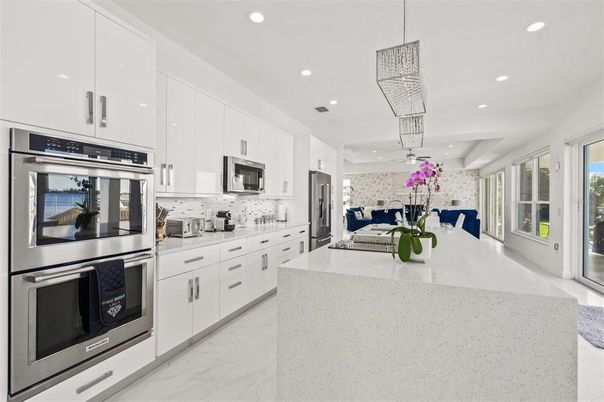 Interior, Kitchen, Marble, Pendant Lights, Recessed Lighting, Stainless Steel Appliances