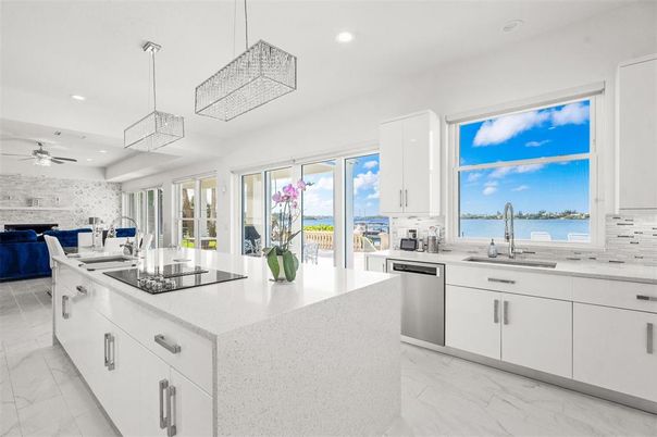 Interior, Kitchen, Marble, Pendant Lights, Recessed Lighting, Stainless Steel Appliances, Water