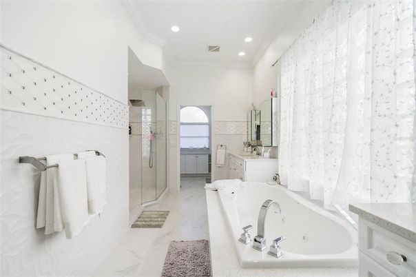 Bathroom, Glass Shower, Interior, Marble, Recessed Lighting