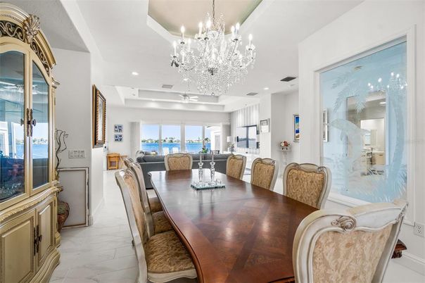 Chandelier, Dining room, Interior, Marble, Recessed Lighting, Water