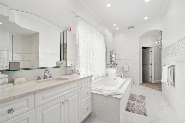 Bathroom, Dual Sink Vanities, Interior, Marble, Recessed Lighting
