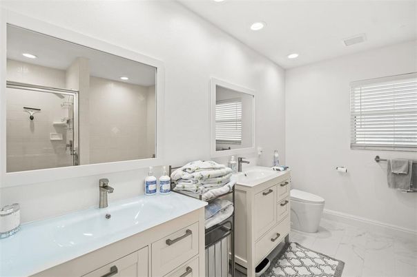 Bathroom, Dual Sink Vanities, Interior, Marble, Recessed Lighting