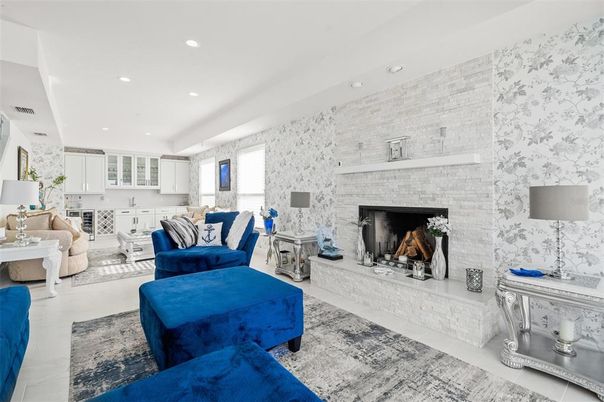 Fireplace, Interior, Kitchen, Living room, Recessed Lighting, Stone Walls