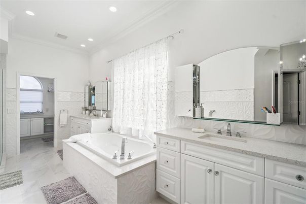 Bathroom, Dual Sink Vanities, Interior, Marble, Recessed Lighting