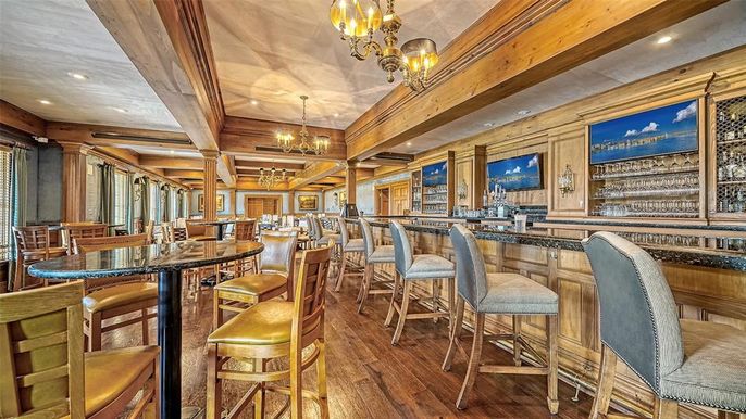 Chandelier, Dining room, Interior, Recessed Lighting, Wooden Beams, Wood Texture Flooring