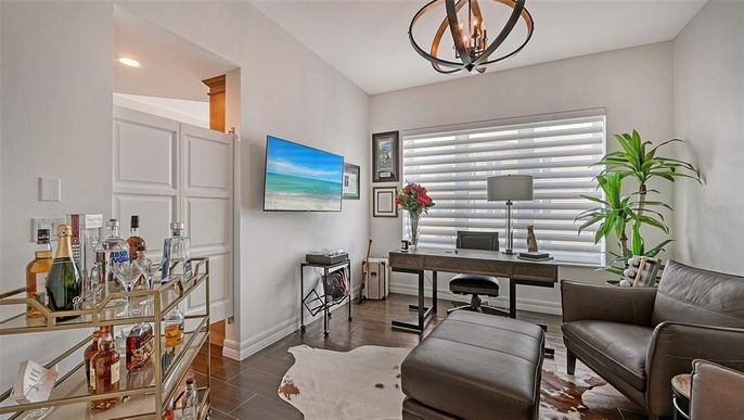 Chandelier, Home Office, Interior, Recessed Lighting, Wood Texture Flooring