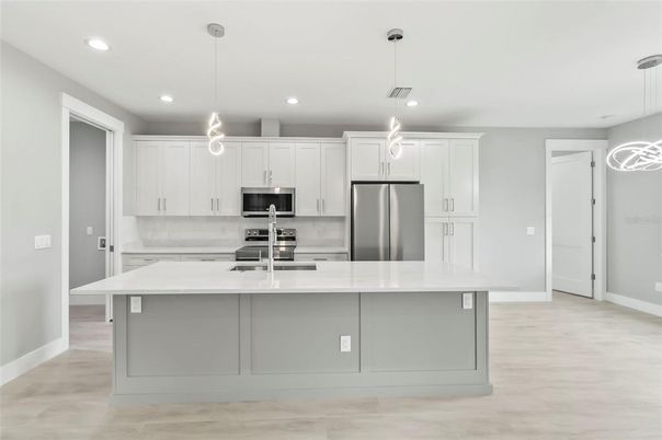 Interior, Kitchen, Pendant Lights, Recessed Lighting, Stainless Steel Appliances, Wood Texture Flooring