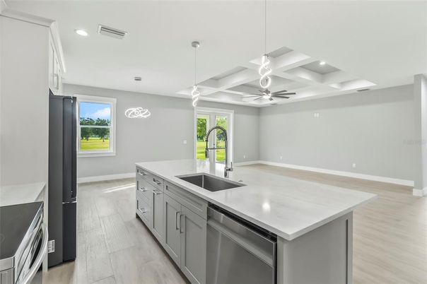 Interior, Kitchen, Pendant Lights, Recessed Lighting, Wood Texture Flooring