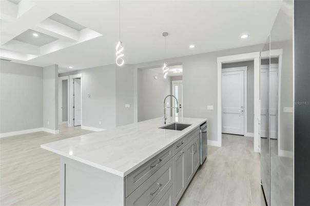 Interior, Kitchen, Pendant Lights, Recessed Lighting, Wood Texture Flooring