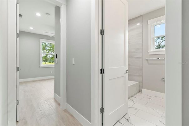 Bathroom, Interior, Marble, Recessed Lighting, Wood Texture Flooring