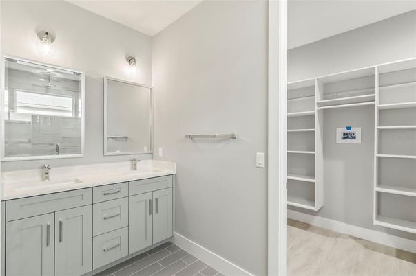Bathroom, Dual Sink Vanities, Interior, Walk-in Closets, Wood Texture Flooring