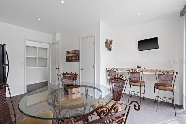 Dining room, Interior, Recessed Lighting, Wood Texture Flooring