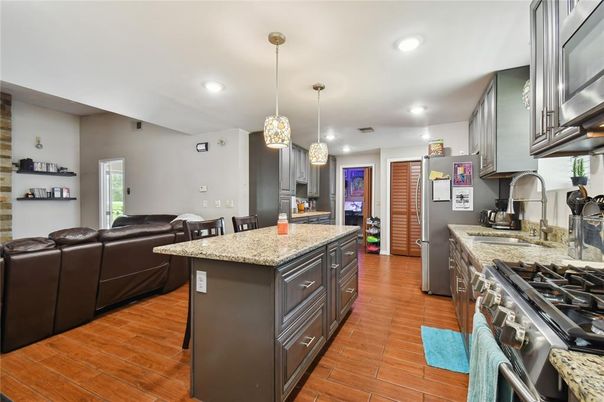 Interior, Kitchen, Living room, Pendant Lights, Recessed Lighting, Stainless Steel Appliances, Wood Texture Flooring