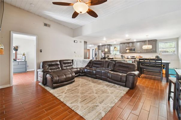 Interior, Kitchen, Living room, Pendant Lights, Stainless Steel Appliances, Wood Texture Flooring