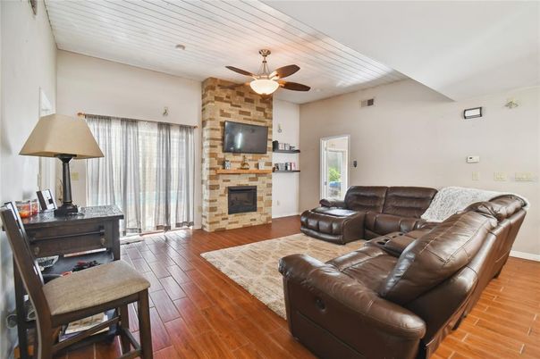 Fireplace, Interior, Living room, Stone Walls, Wood Texture Flooring