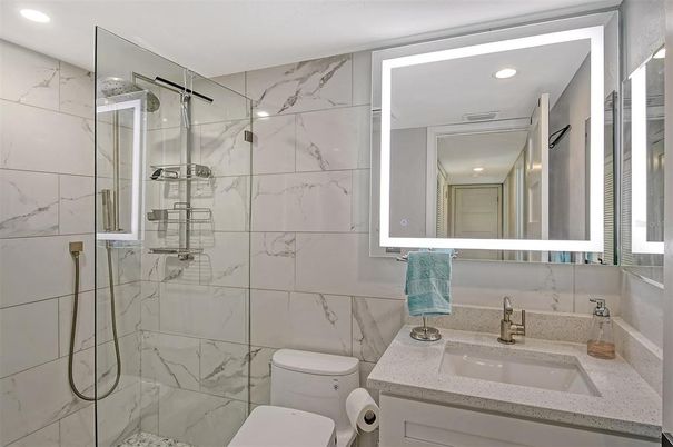 Bathroom, Glass Shower, Interior, Marble Walls, Recessed Lighting