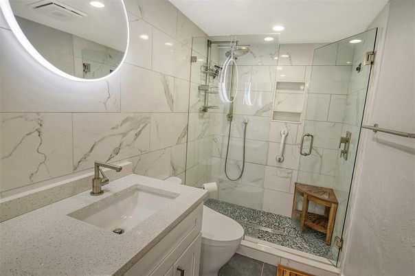 Bathroom, Glass Shower, Interior, Marble Walls, Recessed Lighting