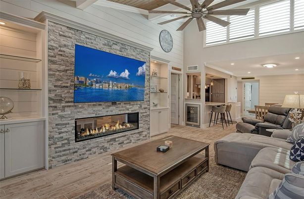 Fireplace, Interior, Kitchen, Living room, Recessed Lighting, Stone Walls, Wooden Beams, Wooden Ceilings, Wood Texture Flooring