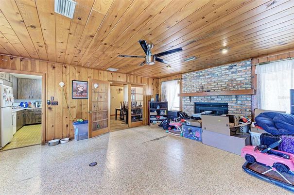 Fireplace, Interior, Recessed Lighting, Stone Walls, Wooden Ceilings, Wooden Walls