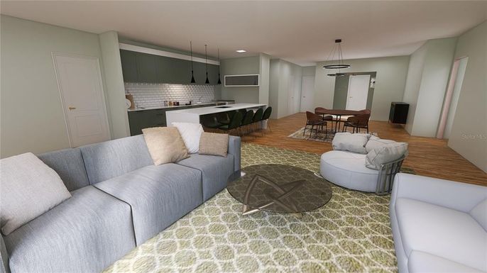 Dining room, Interior, Kitchen, Living room, Pendant Lights, Recessed Lighting, Wood Texture Flooring