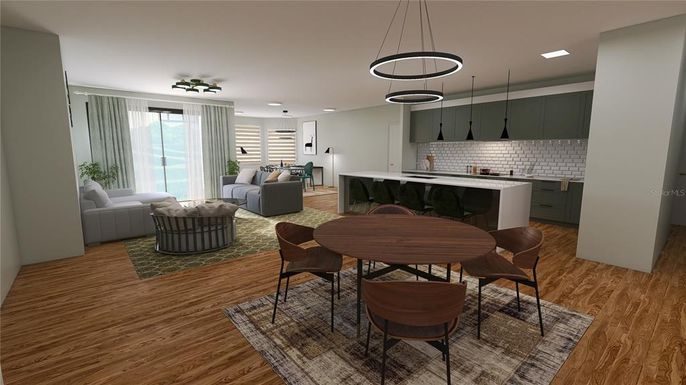Dining room, Interior, Kitchen, Living room, Pendant Lights, Recessed Lighting, Wood Texture Flooring