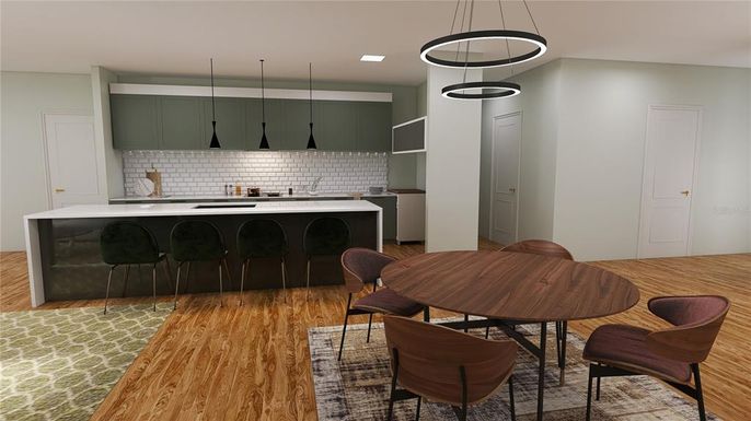Dining room, Interior, Kitchen, Pendant Lights, Recessed Lighting, Stainless Steel Appliances, Wood Texture Flooring