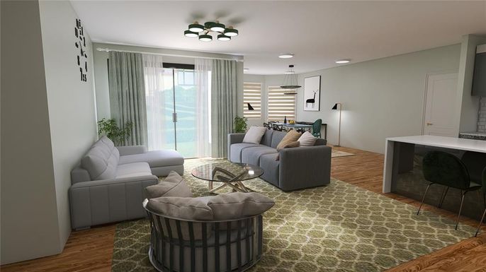 Interior, Kitchen, Living room, Pendant Lights, Recessed Lighting, Wood Texture Flooring